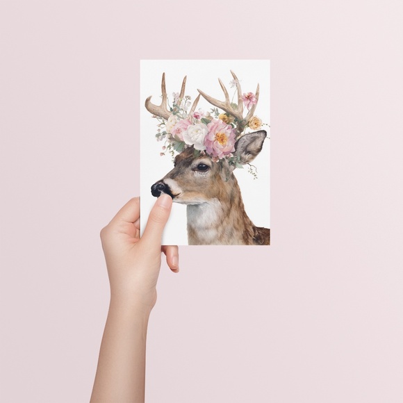 Watercolor Deer with Flower Wreath Illustration Wall Art Print Poster, Unframed - Picture 5 of 6